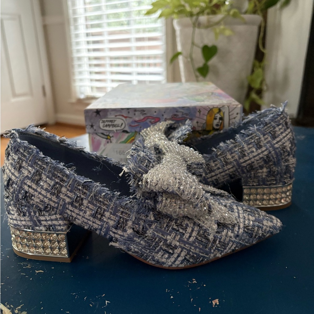 Jeffrey Campbell Blue Tweed Heels with Silver Embellishments
